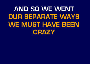 AND SO WE WENT
OUR SEPARATE WAYS
WE MUST HAVE BEEN

CRAZY