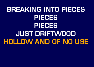BREAKING INTO PIECES
PIECES
PIECES
JUST DRIFTWOOD
HOLLOW AND OF NO USE