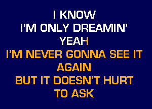 I KNOW
I'M ONLY DREAMIN'
YEAH
I'M NEVER GONNA SEE IT
AGAIN
BUT IT DOESN'T HURT
TO ASK