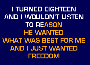 I TURNED EIGHTEEN
AND I WOULDN'T LISTEN
TO REASON
HE WANTED
INHAT WAS BEST FOR ME
AND I JUST WANTED
FREEDOM