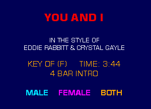 IN THE SWLE OF
EDDIE RABBITT 84 CRYSTAL GAYLE

KEY OF (F1 TIME 3144
4 BAR INTRO

MALE BOTH