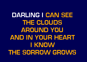 DARLING I CAN SEE
THE CLOUDS
AROUND YOU

AND IN YOUR HEART

I KNOW
THE BORROW GROWS