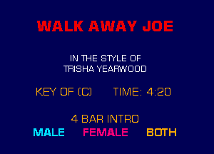 IN THE STYLE OF
TRISHA YEAHWOOD

KEY OF ECJ TIMEI 420

4 BAR INTRO
MALE BUTH