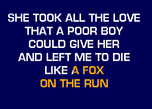 SHE TOOK ALL THE LOVE
THAT A POOR BOY
COULD GIVE HER
AND LEFT ME TO DIE
LIKE A FOX
ON THE RUN
