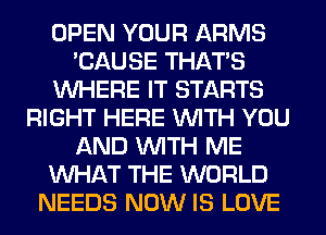 OPEN YOUR ARMS
'CAUSE THAT'S
WHERE IT STARTS
RIGHT HERE WITH YOU
AND WITH ME
WHAT THE WORLD
NEEDS NOW IS LOVE