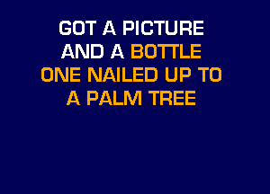 GOT A PICTURE
AND A BOTTLE
ONE NAILED UP TO

A PALM TREE