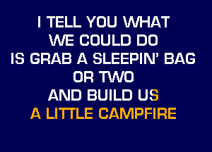 I TELL YOU WHAT
WE COULD DO
IS GRAB A SLEEPIM BAG
OR TWO
AND BUILD US
A LITTLE CAMPFIRE