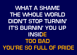 WHAT A SHAME
THE WHOLE WORLD
DIDN'T STOP TURNIN'
ITS BURNIN' YOU UP
INSIDE
T00 BAD
YOU'RE 80 FULL OF PRIDE