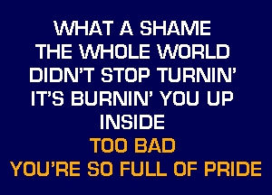 WHAT A SHAME
THE WHOLE WORLD
DIDN'T STOP TURNIN'
ITS BURNIN' YOU UP
INSIDE
T00 BAD
YOU'RE 80 FULL OF PRIDE