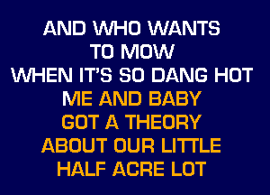 AND WHO WANTS
TO MOW
WHEN ITS SO DANG HOT
ME AND BABY
GOT A THEORY
ABOUT OUR LITI'LE
HALF ACRE LOT