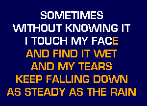 SOMETIMES
WITHOUT KNOUVING IT
I TOUCH MY FACE
AND FIND IT WET
AND MY TEARS
KEEP FALLING DOWN
AS STEADY AS THE RAIN