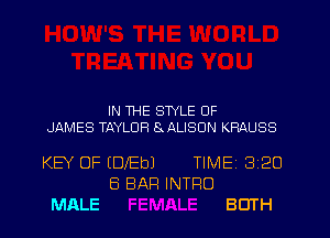 IN THE STYLE OF

JAMES TAYLOR EuQLISON KRAUSS

KEY OF (DlEbJ

MALE

6 BAR INTRO

TIME 3120

BOTH