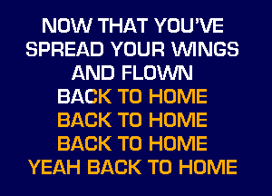 NOW THAT YOU'VE
SPREAD YOUR WINGS
AND FLOWN
BACK TO HOME
BACK TO HOME
BACK TO HOME
YEAH BACK TO HOME
