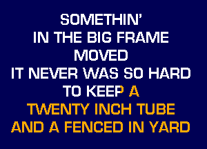 SOMETHIN'
IN THE BIG FRAME
MOVED
IT NEVER WAS 80 HARD
TO KEEP A
TWENTY INCH TUBE
AND A FENCED IN YARD