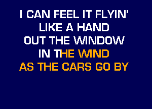 I CAN FEEL IT FLYIN'
LIKE A HAND
OUT THE WINDOW
IN THE WIND
AS THE CARS G0 BY