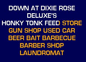 DOWN AT DIXIE ROSE
DELUXE'S
HONKY TONK FEED STORE
GUN SHOP USED CAR
BEER BAIT BARBECUE
BARBER SHOP
LAUNDROMAT