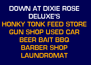 DOWN AT DIXIE ROSE
DELUXE'S
HONKY TONK FEED STORE
GUN SHOP USED CAR
BEER BAIT BBQ
BARBER SHOP
LAUNDROMAT