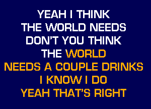 YEAH I THINK
THE WORLD NEEDS
DON'T YOU THINK
THE WORLD
NEEDS A COUPLE DRINKS
I KNOWI DO
YEAH THAT'S RIGHT