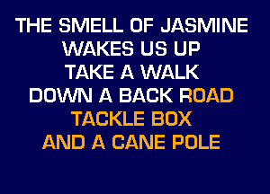 THE SMELL 0F JASMINE
WAKES US UP
TAKE A WALK

DOWN A BACK ROAD
TACKLE BOX
AND A CANE POLE