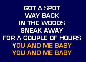 GOT A SPOT
WAY BACK
IN THE WOODS
SNEAK AWAY
FOR A COUPLE 0F HOURS
YOU AND ME BABY
YOU AND ME BABY