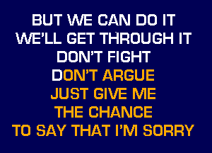 BUT WE CAN DO IT
WE'LL GET THROUGH IT
DON'T FIGHT
DON'T ARGUE
JUST GIVE ME
THE CHANCE
TO SAY THAT I'M SORRY