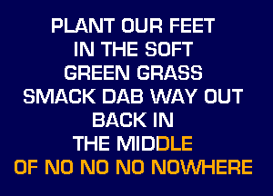PLANT OUR FEET
IN THE SOFT
GREEN GRASS
SMACK DAB WAY OUT
BACK IN
THE MIDDLE
OF N0 N0 N0 NOUVHERE