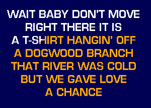 WAIT BABY DON'T MOVE
RIGHT THERE IT IS
A T-SHIRT HANGIN' OFF
A DOGWOOD BRANCH
THAT RIVER WAS COLD
BUT WE GAVE LOVE
A CHANCE