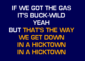 IF WE GOT THE GAS
ITS BUCK-VVILD
YEAH
BUT THATS THE WAY
WE GET DOWN
IN A HICKTOWN
IN A HICKTOWN