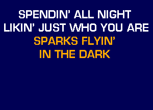 SPENDIN' ALL NIGHT
LIKIN' JUST WHO YOU ARE
SPARKS FLYIN'

IN THE DARK