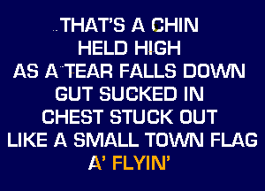WHATS A CHIN
HELD HIGH
AS A'TEAR FALLS DOWN
GUT SUGKED IN
CHEST STUCK OUT
LIKE A SMALL TOWN FLAG
A' FLYIM