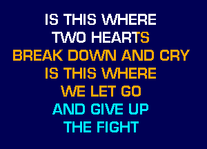 IS THIS WHERE
TWO HEARTS
BREAK DOWN AND CRY
IS THIS WHERE
WE LET GO
AND GIVE UP
THE FIGHT