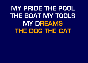 MY PRIDE THE POOL
THE BOAT MY TOOLS
MY DREAMS
THE DOG THE CAT