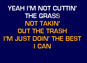 YEAH I'M NOT CUTI'IN'
THE GRASS
NOT TAKIN'
OUT THE TRASH
I'M JUST DOIN' THE BEST
I CAN