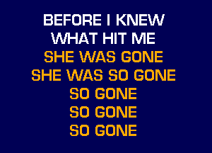 BEFORE I KNEW
WHAT HIT ME
SHE WAS GONE
SHE WAS 30 GONE
SO GONE
SO GONE
SD GONE