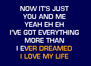 NOW ITS JUST
YOU AND ME
YEAH EH EH

I'VE GOT EVERYTHING
MORE THAN
I EVER DREAMED
I LOVE MY LIFE