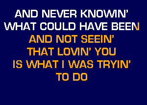 AND NEVER KNOUVIN'
WHAT COULD HAVE BEEN
AND NOT SEEIN'
THAT LOVIN' YOU
IS WHAT I WAS TRYIN'
TO DO