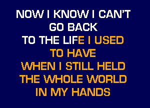 NDWI KNDWI CAN'T
GO BACK
TO THE LIFE I USED
TO HAVE
WHEN I STILL HELD
THE WHOLE WORLD
IN MY HANDS