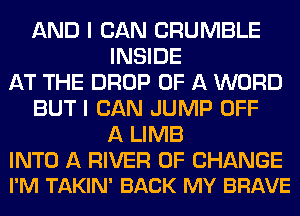 AND I CAN CRUMBLE
INSIDE
AT THE DROP OF A WORD
BUT I CAN JUMP OFF
A LIMB

INTO A RIVER OF CHANGE
I'M TAKIN' BACK MY BRAVE