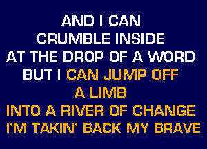 AND I CAN
CRUMBLE INSIDE
AT THE DROP OF A WORD
BUT I CAN JUMP OFF
A LIMB

INTO A RIVER OF CHANGE
I'M TAKIN' BACK MY BRAVE