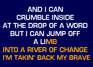 AND I CAN
CRUMBLE INSIDE
AT THE DROP OF A WORD
BUT I CAN JUMP OFF
A LIMB

INTO A RIVER OF CHANGE
I'M TAKIN' BACK MY BRAVE