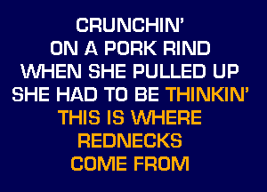 CRUNCHIN'

ON A PORK RIND
WHEN SHE PULLED UP
SHE HAD TO BE THINKIM
THIS IS WHERE
REDNECKS
COME FROM