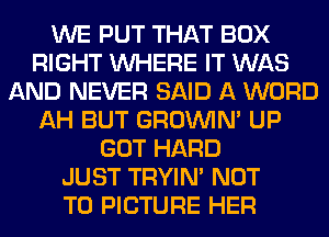 WE PUT THAT BOX
RIGHT WHERE IT WAS
AND NEVER SAID A WORD
AH BUT GROWN UP
GOT HARD
JUST TRYIN' NOT
TO PICTURE HER