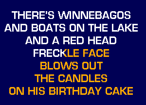 THERE'S VVINNEBAGOS
AND BOATS ON THE LAKE
AND A RED HEAD
FRECKLE FACE
BLOWS OUT
THE CANDLES
ON HIS BIRTHDAY CAKE