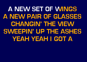 A NEW SET OF WINGS
A NEW PAIR OF GLASSES
CHANGIN' THE VIEW
SWEEPIN' UP THE ASHES
YEAH YEAH I GOT A