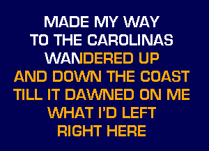 MADE MY WAY
TO THE CAROLINAS
WANDERED UP
AND DOWN THE COAST
TILL IT DAWNED ON ME
WHAT I'D LEFT
RIGHT HERE