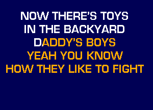 NOW THERE'S TOYS
IN THE BACKYARD
DADDY'S BOYS
YEAH YOU KNOW
HOW THEY LIKE TO FIGHT