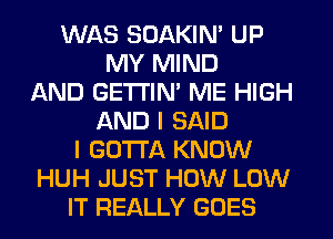 WAS SOAKIN' UP
MY MIND
AND GETI'IM ME HIGH
AND I SAID
I GOTTA KNOW
HUH JUST HOW LOW
IT REALLY GOES