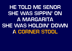 HE TOLD ME SENOR
SHE WAS SIPPIN' ON
A MARGARITA
SHE WAS HOLDIN' DOWN
A CORNER STOOL