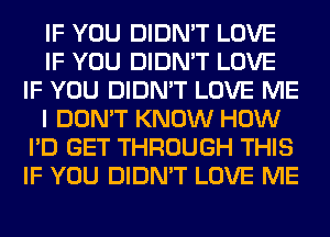 IF YOU DIDN'T LOVE
IF YOU DIDN'T LOVE
IF YOU DIDN'T LOVE ME
I DON'T KNOW HOW
I'D GET THROUGH THIS
IF YOU DIDN'T LOVE ME