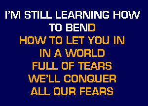 I'M STILL LEARNING HOW
TO BEND
HOW TO LET YOU IN
IN A WORLD
FULL OF TEARS
WE'LL CONGUER
ALL OUR FEARS